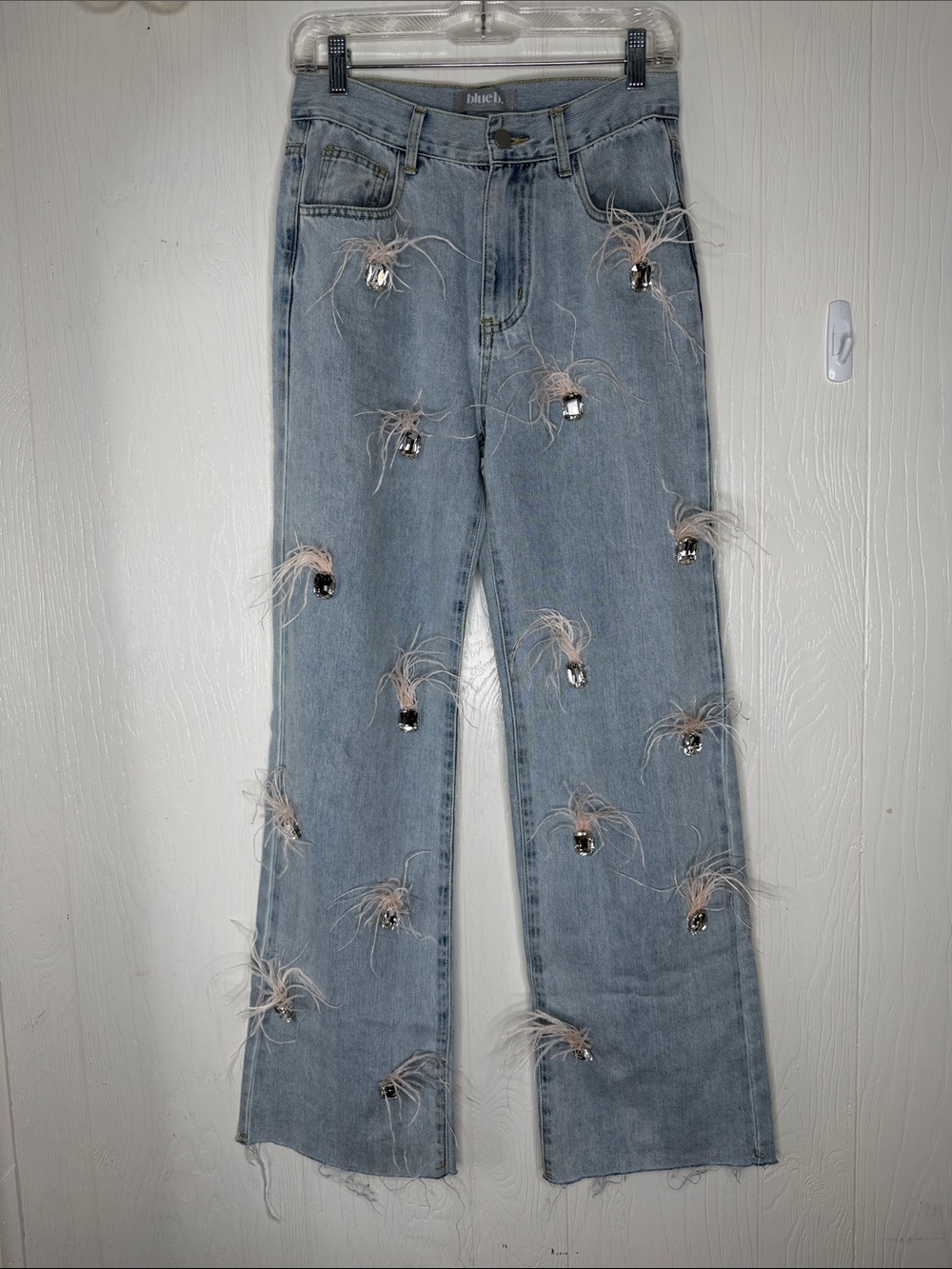 Light Blue Embellished Flare Jeans with Feather & Sequin Details S